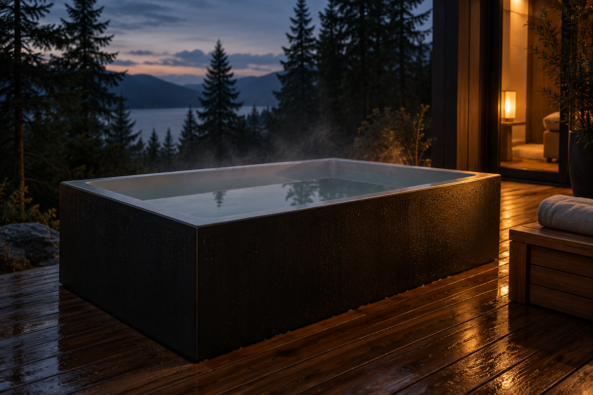 Outdoor cold plunge on a deck at dusk overlooking a lake, steam rising off the water