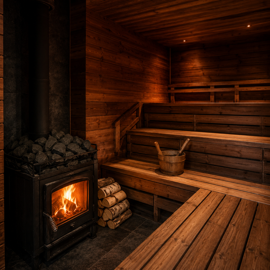 Interior of a wood-fired sauna in western red cedar with a black cast iron stove, visible flame, stone reservoir and split birch logs.