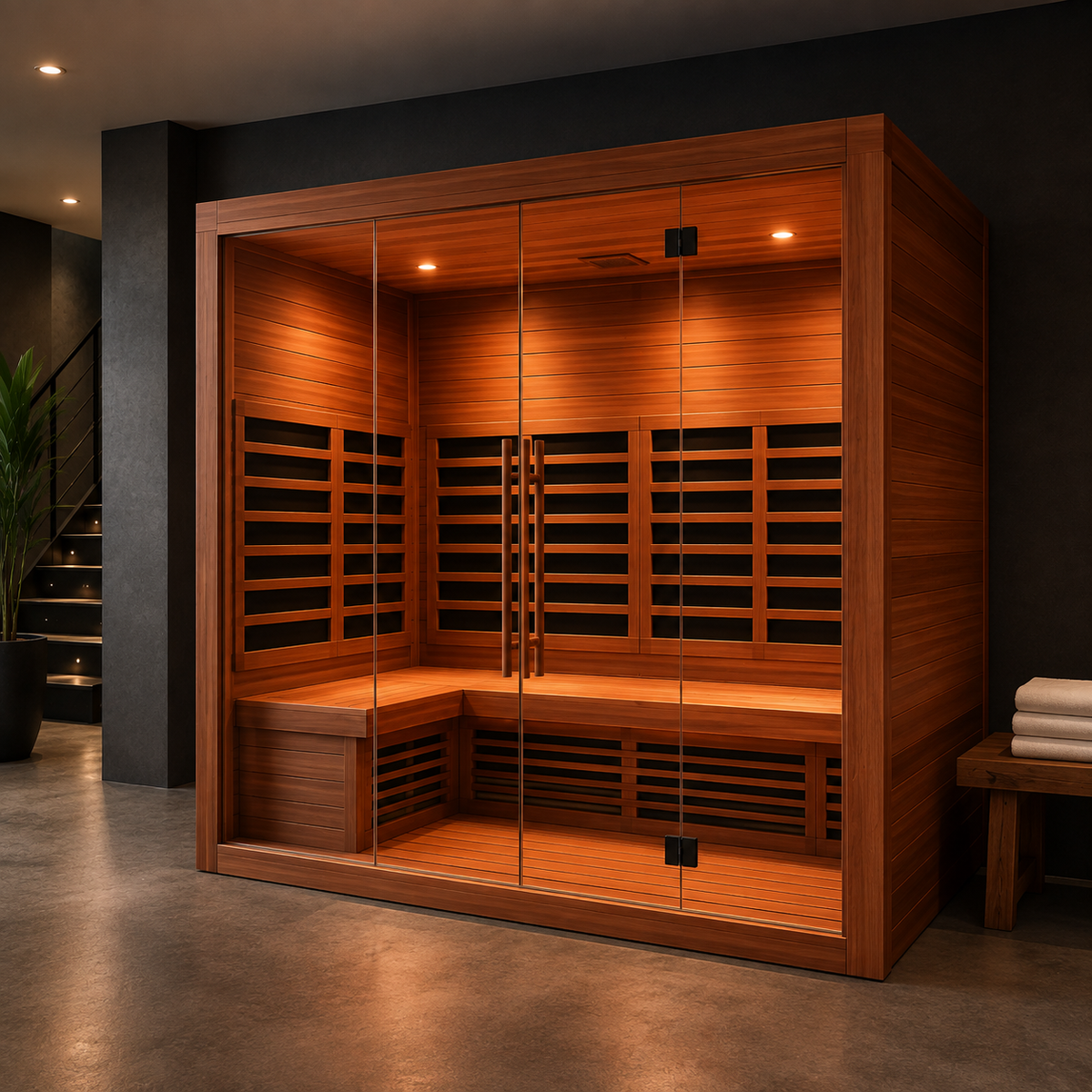 Four-person far-infrared sauna in clear western red cedar with a glass front and carbon heating panels along the back and sides.