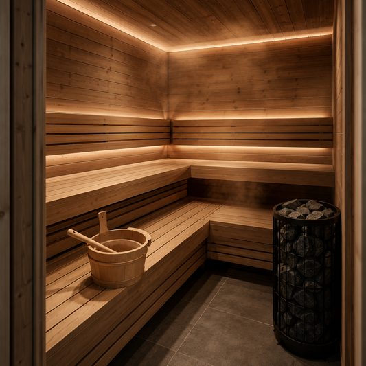 Interior of a traditional Finnish sauna room with tiered benches, a black tower heater filled with dark stones, and a bucket and ladle.