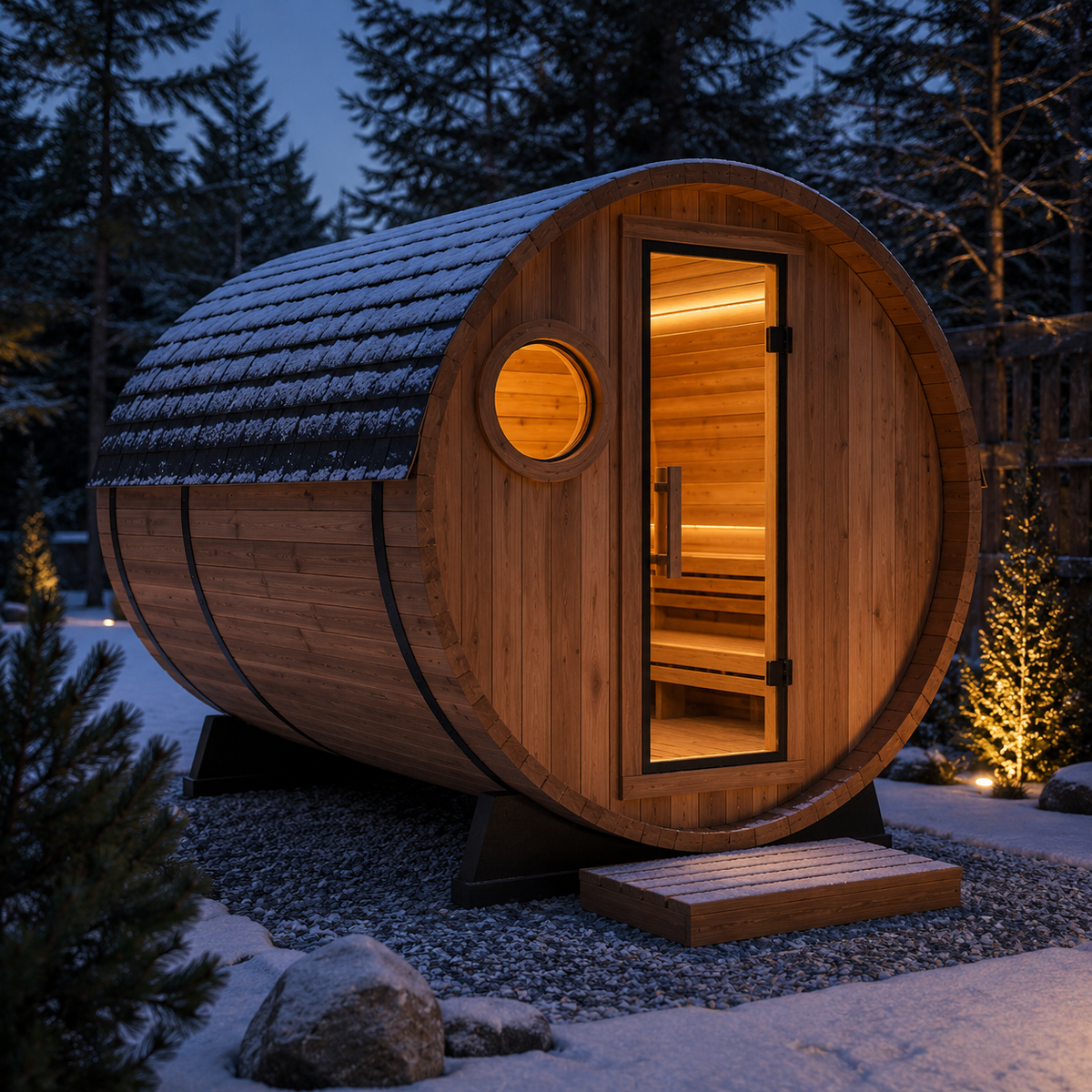Outdoor western red cedar barrel sauna with a shingled roof and porthole window, lit from inside, on a gravel pad in snow.