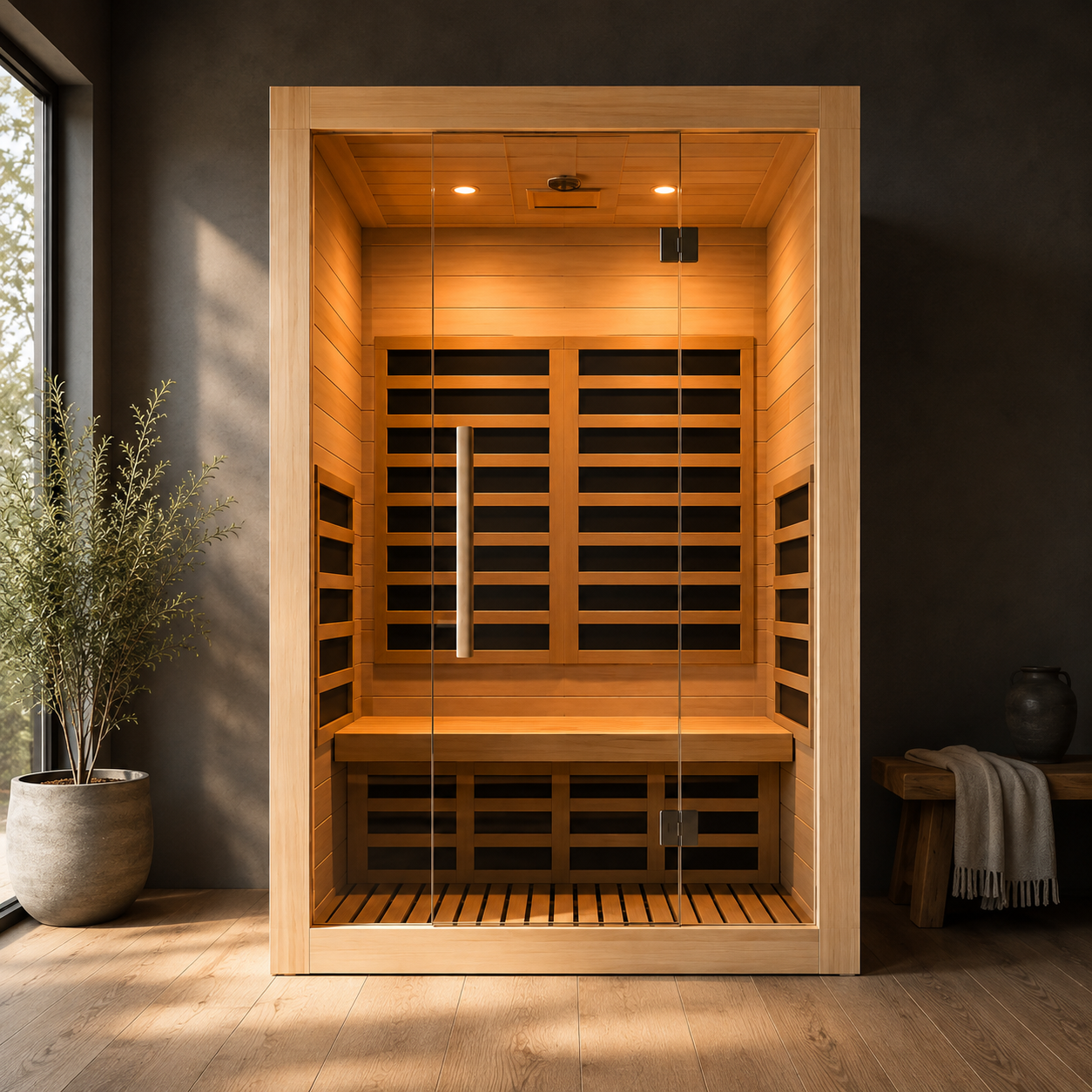 Two-person full-spectrum infrared sauna cabin in pale hemlock with a full-height glass door, in a minimalist room with a wood floor.