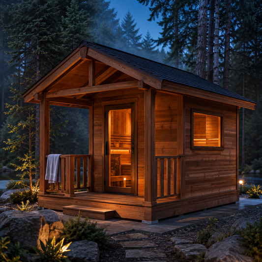 Outdoor cedar cabin sauna with a covered porch and pitched shingled roof, lit from inside, at the edge of a wooded garden at dusk.